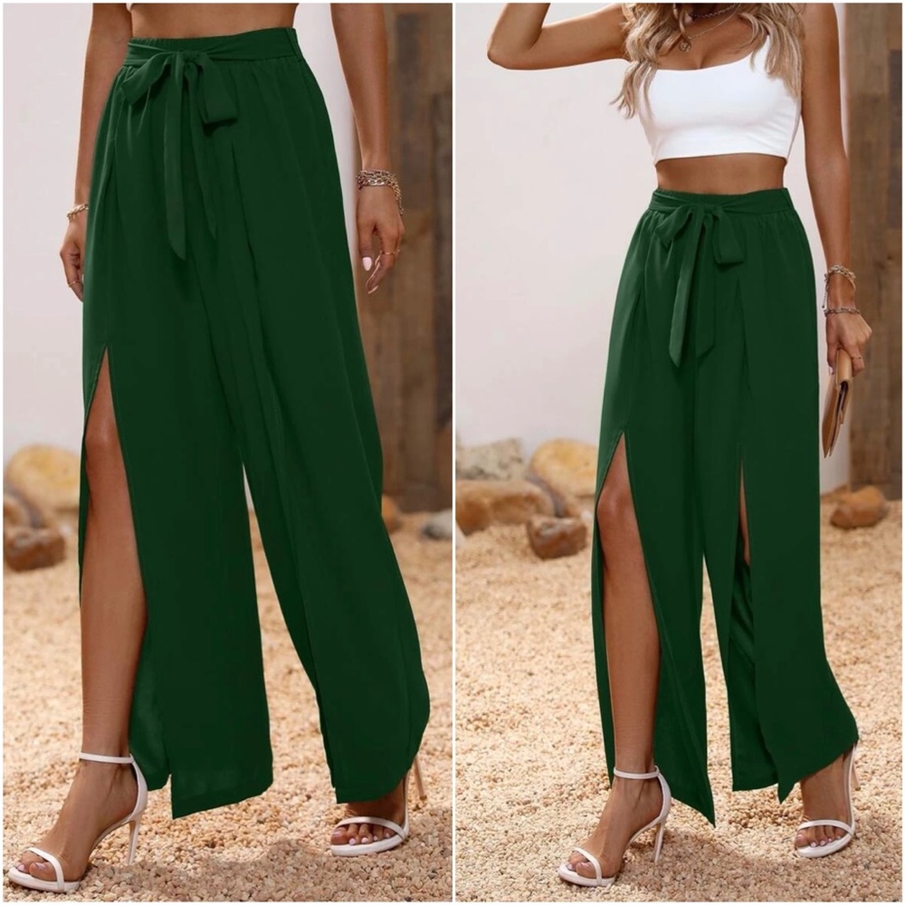 Black Slit Leg Wide leg Chic Pants - Picture 8 of 9